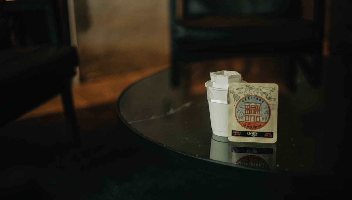 La Veen Heritage drip bag brewing over a cup